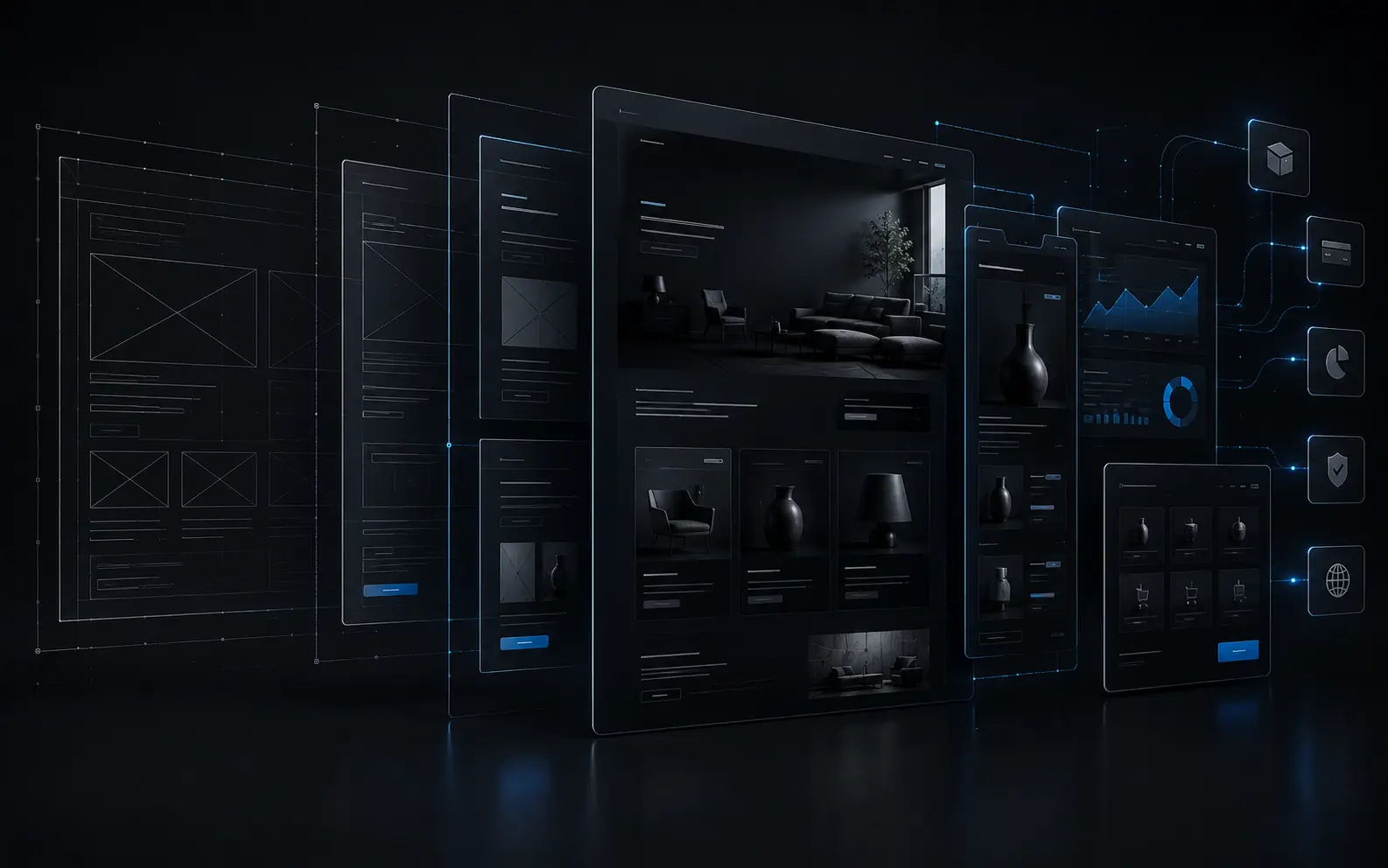 A website interface moving from wireframe to finished design